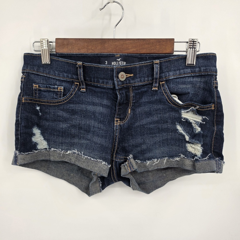 Y2K Hollister Low Rise Micro Mini Denim Shorts Cuffed Sz 3 Jorts Preppy Dark W26